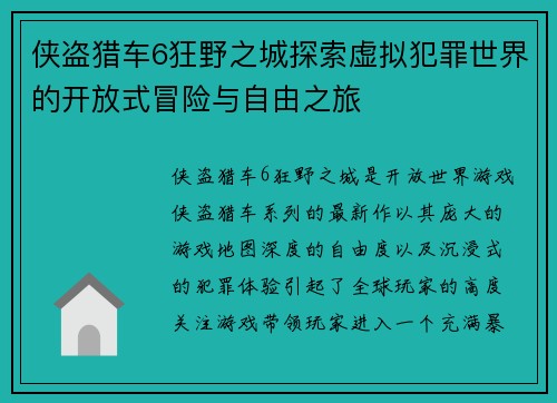 侠盗猎车6狂野之城探索虚拟犯罪世界的开放式冒险与自由之旅
